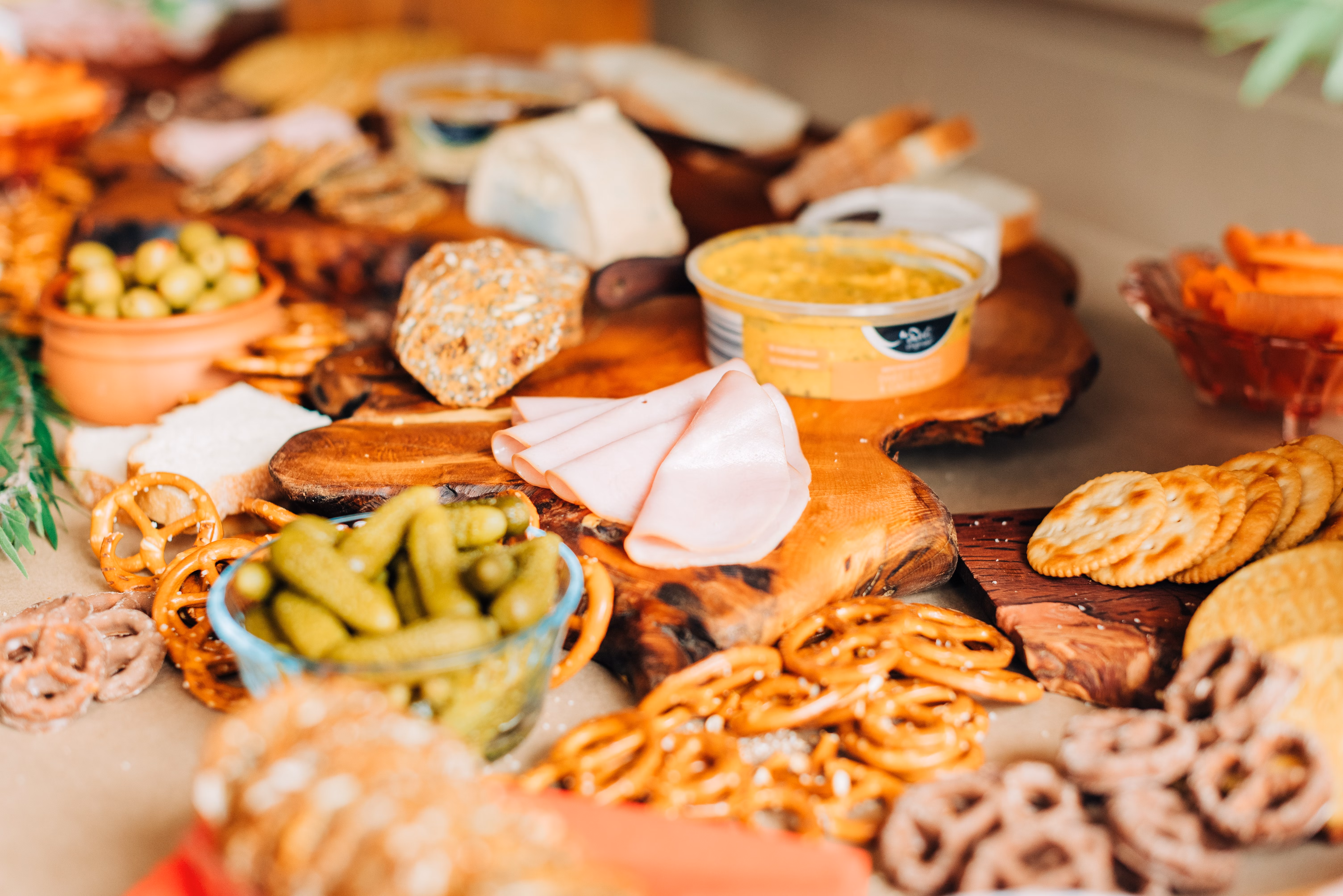 A table filled with snack foods.
