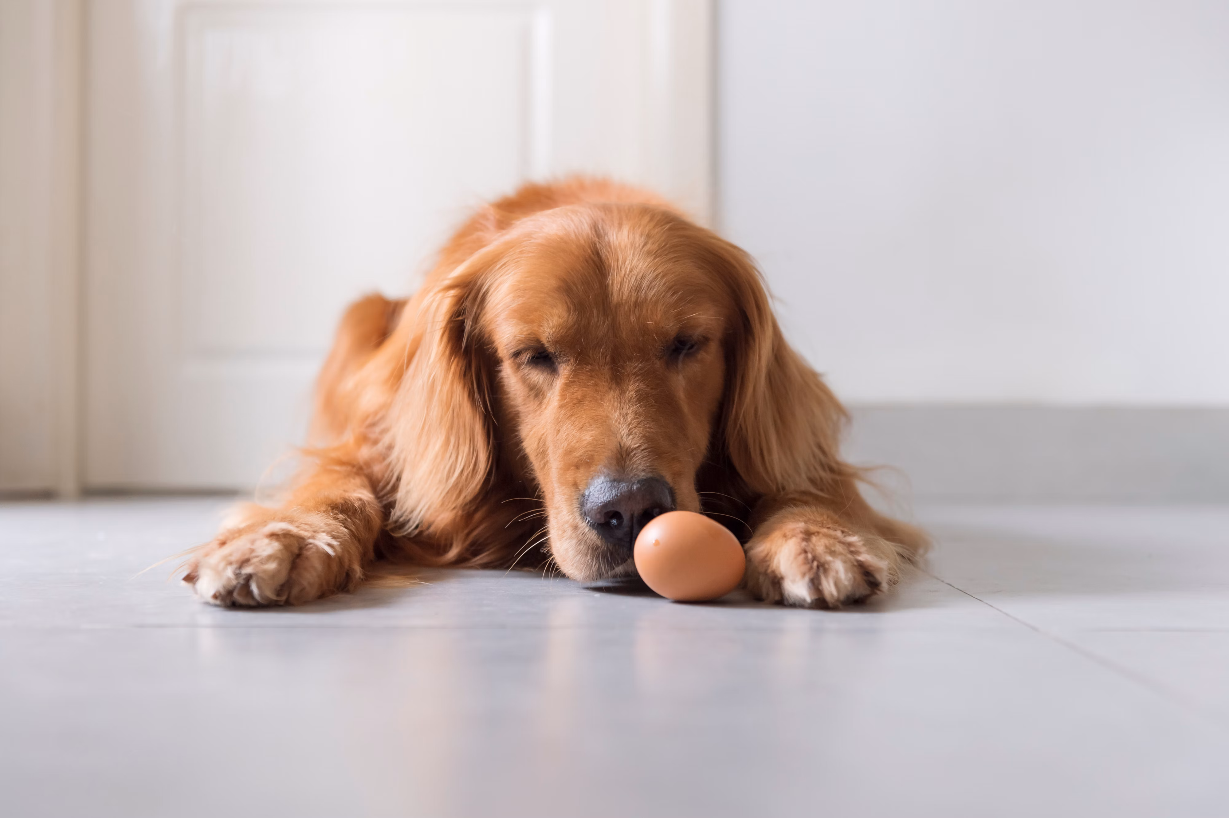 Golden Retriever looking at a egg on the floor.
