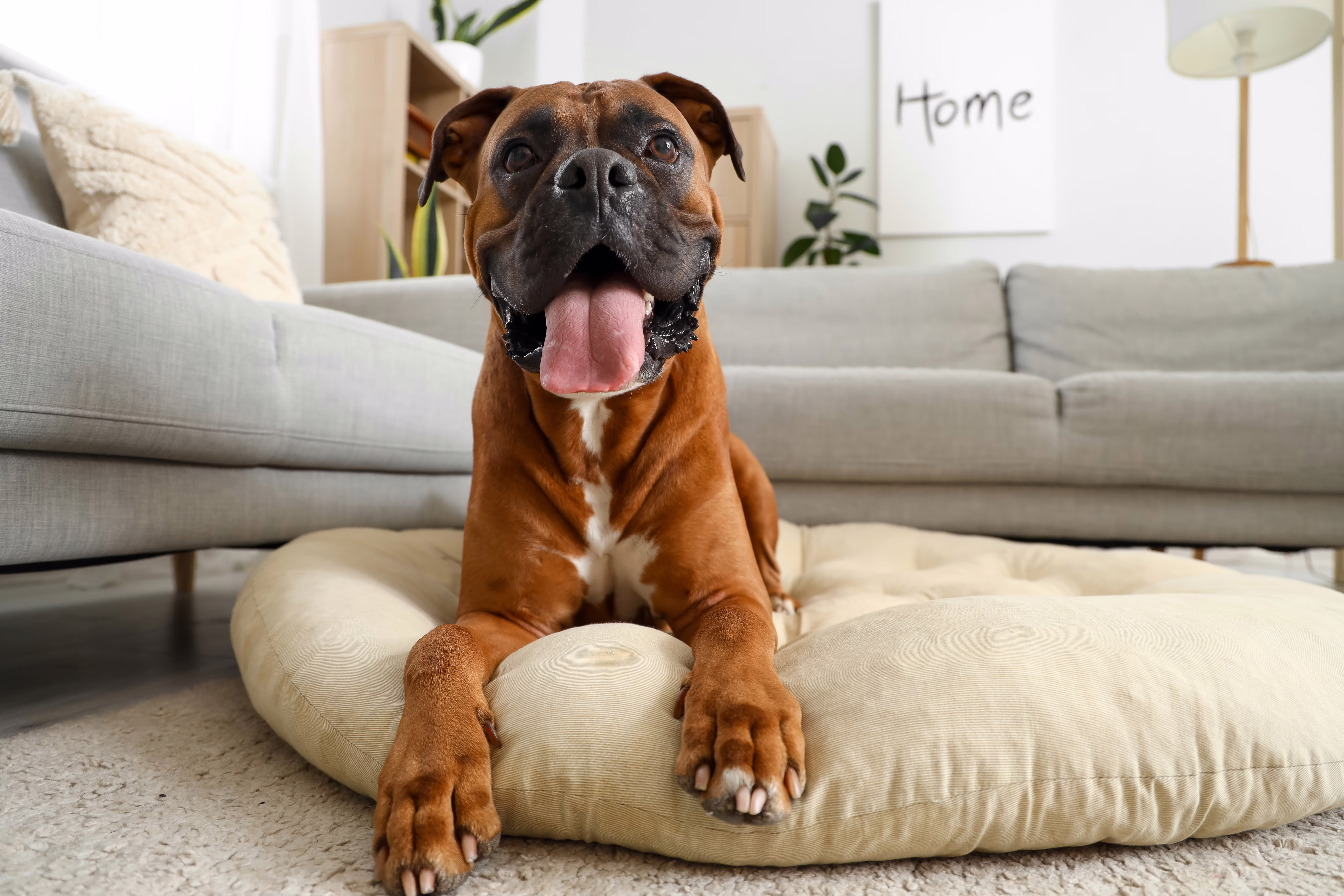 Happy Boxer lying on a dog bed.